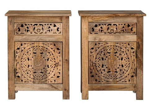 Bobby_ Hand Carved Solid Indian Wooden Bedside Table