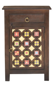Heera Hand Carved Multi Color tIle Bed Side Table with 1 Door and 1 Drawer