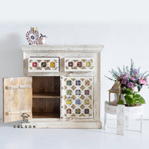 Vincet_ Solid Indian Wood Chest with Tile Doors_Cupboard_Cabinet_ 90 cm Length