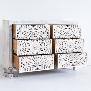 Elyana_Hand Carved Indian Wood 6 Drawers Chest_Dresser_ 130 cm Length