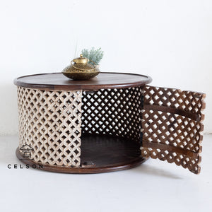 Sahiba_ Solid Mango Wood Hand Carved Jali Coffee Table_Storage Coffee Table