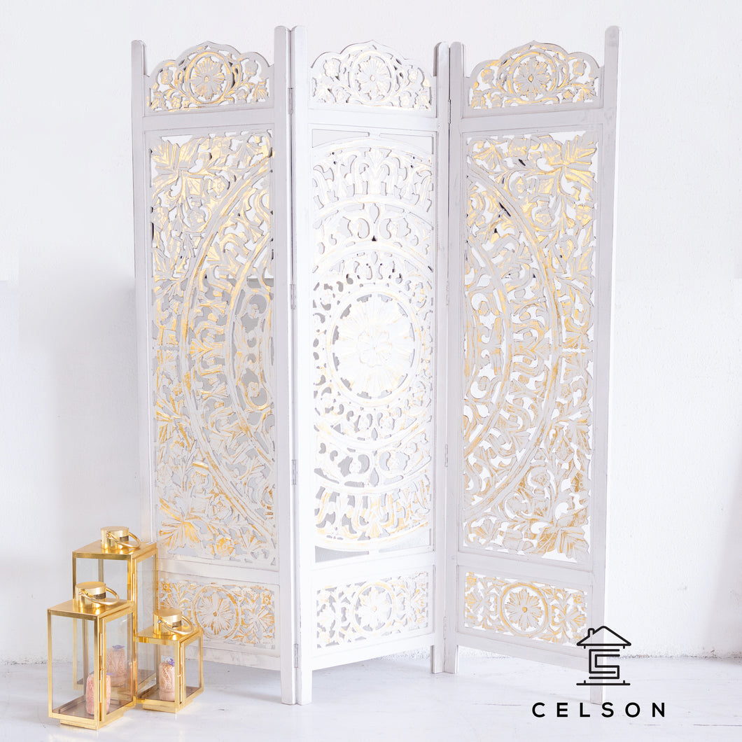 Yana_Wooden Carved Screen 3 Panel_Room Divider_White with Gold Finish