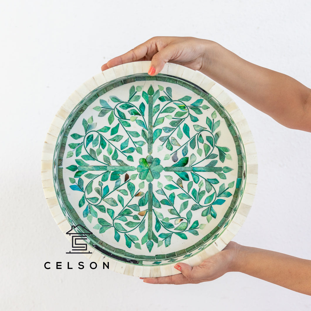 Pedro_ Bone Inlay Floral Pattern Round Tray_Available in different colors