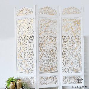 Yana_Wooden Carved Screen 3 Panel_Room Divider_White with Gold Finish