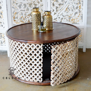 Sahiba_ Solid Mango Wood Hand Carved Jali Coffee Table_Storage Coffee Table