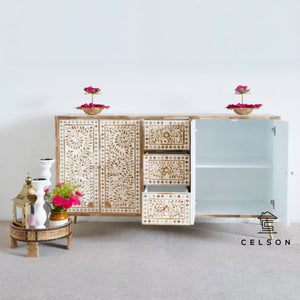 Ummaro_Wood Inlay Sideboard with 3 Drawers & 2 Door