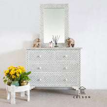 Load image into Gallery viewer, Eva_Bone Inlay Chest of drawer with 4 drawers with matching Mirror
