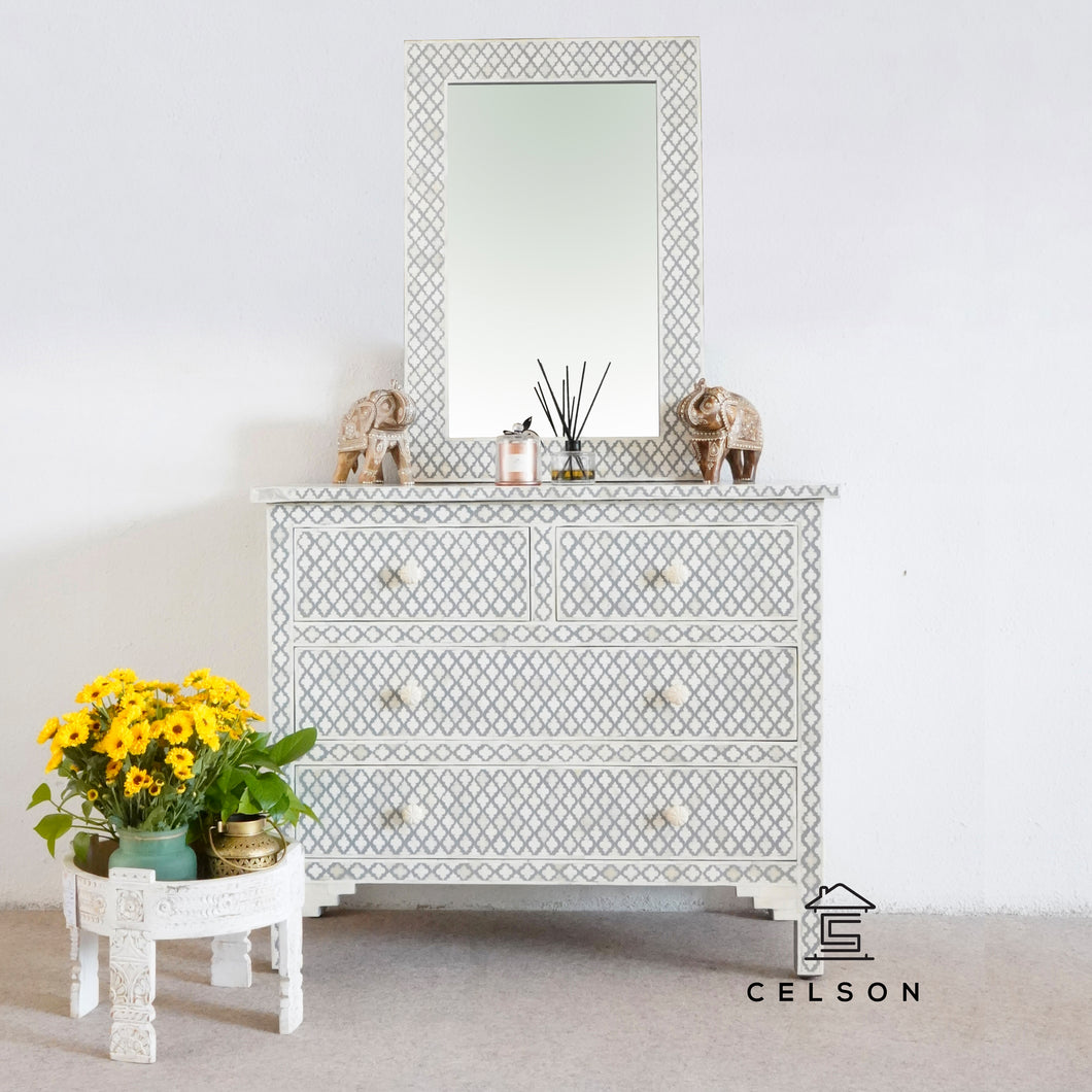 Eva_Bone Inlay Chest of drawer with 4 drawers with matching Mirror