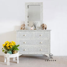 Load image into Gallery viewer, Eva_Bone Inlay Chest of drawer with 4 drawers with matching Mirror
