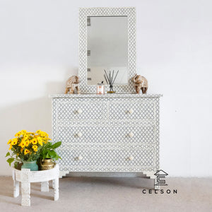 Eva_Bone Inlay Chest of drawer with 4 drawers with matching Mirror