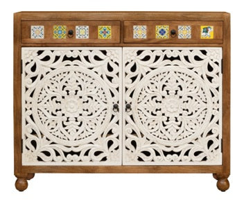 Riva_ Solid Indian Wood Chest with Tile Doors_Shoe Cabinet_ 125 cm Length