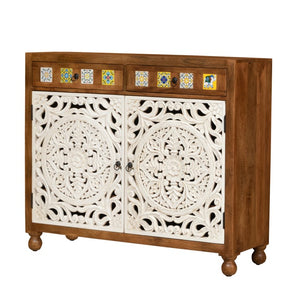Riva_ Solid Indian Wood Chest with Tile Doors_Shoe Cabinet_ 125 cm Length