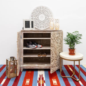 Kaye_Wooden Shoe Rack with Carved Door_Wooden Cupboard_Chest