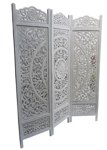 Yenfer_Wooden Carved Screen 3 Panel_Room Divider_White Washed Finish