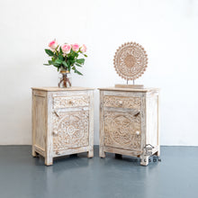 Load image into Gallery viewer, Diane Hand Carved Bed Side Table 1 Door and 1 Drawer
