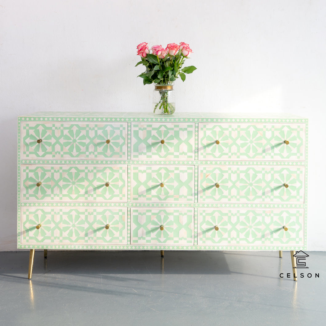 Paloma_ Bone Inlay Chest of Drawer with 9 drawers_ 153 cm Length