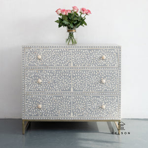 Noni_ Bone Inlay Chest of Drawer with 3 Drawers in Grey with Gold Leg_ 100 cm Length