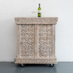 David _Solid Wood Hand Carved Bar Cabinet with wheels
