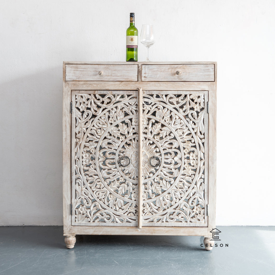 Rory_Hand Carved Bar Cabinet_White washed