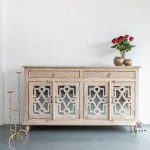 Linda Hand Carved Indian Wood Sideboard with Glass on Door_Buffet