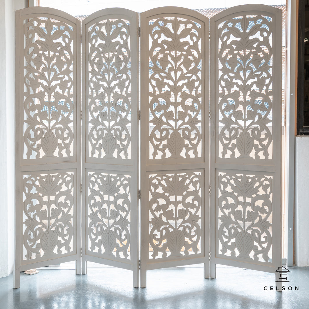 Bob_ Wooden Carved Screen 4 Panel_Room Divider_White washed Finish