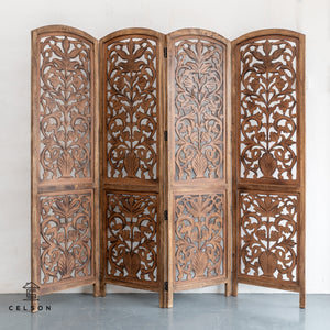 Bob_ Wooden Carved Screen 4 Panel_Room Divider_Brown Finish