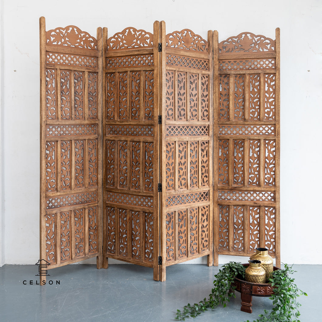 Lois_Wooden Carved Screen 4 Panel_Room Divider_Brown Finish