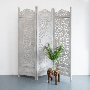 Yenfer_Wooden Carved Screen 3 Panel_Room Divider_Grey Finish