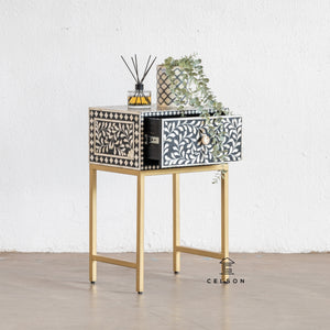 Suzy Bone Inlay Bed Side Table with Metal Stand