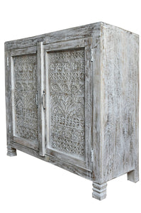 Anna White Hand Carved Indian Wood Cabinet_Chest_ 90 cm Length