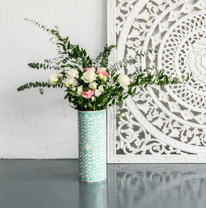 Olin_Bone Inlay Floral Vase in Aqua Color