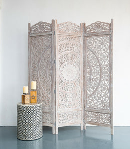 Yenfer_Wooden Carved Screen 3 Panel_Room Divider_Distressed Finish