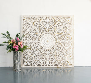 Fink_Wooden Carved Square Wall Panel_112 x 112 cm_White with Gold