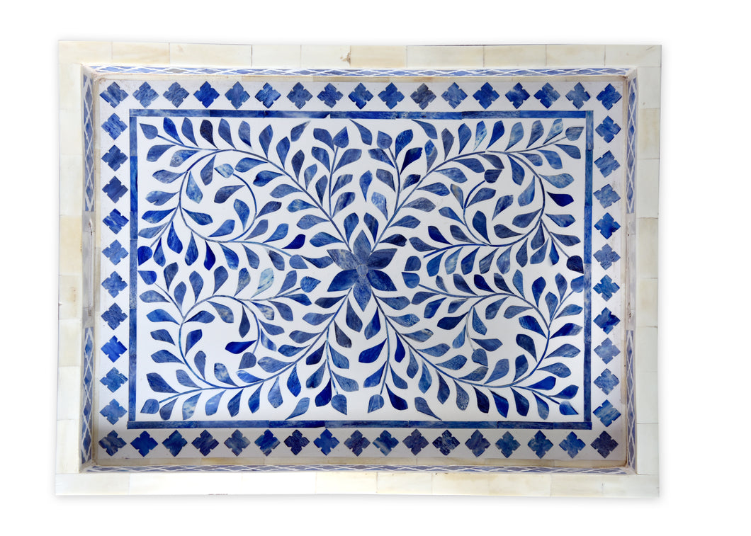 Faye Bone Inlay floral Pattern Tray in Blue_ 45 x 35 cm