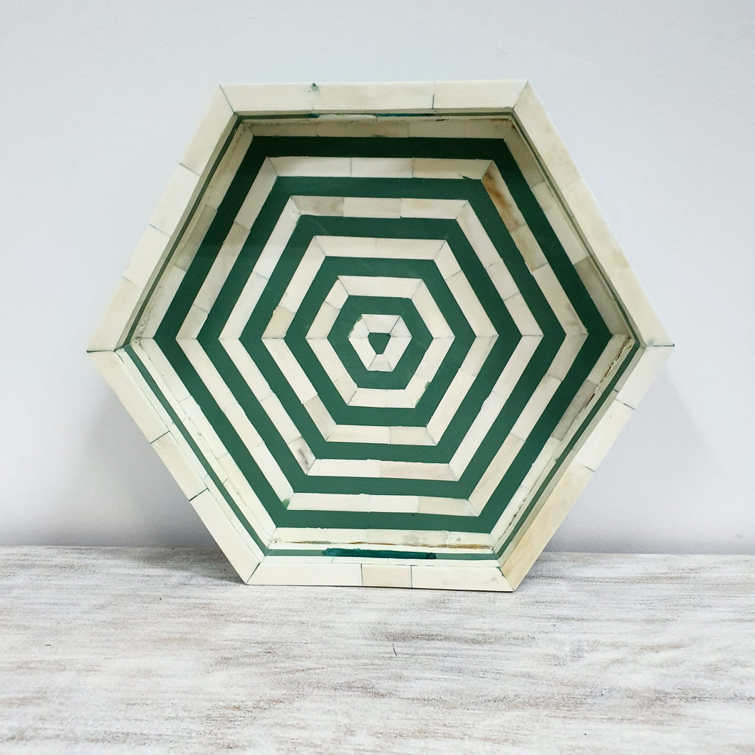 Tissaia_Hexagonal Bone Inlay Tray in Green_ 35 x 35 cm