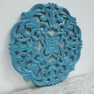 Lisa B Aqua Blue Wooden Carving Wall Panel