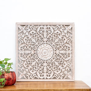 Fink_Wooden Carved Square Wall Panel_60 x 60 cm_White Washed Finish