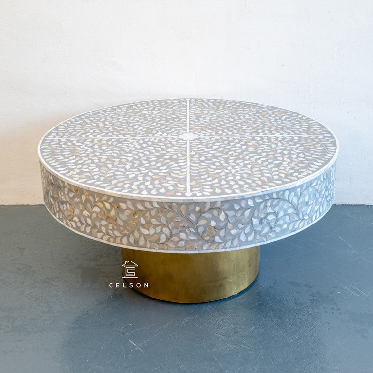 Eriea_Round Mother of Pearl Coffee Table with brass Base_90 Dia cm