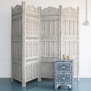 Lois_ Wooden Carved Screen 4 Panel_Room Divider_Grey Finish