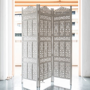 Mark_Wooden Carved Screen 3 Panel_Room Divider_White Washed Finish