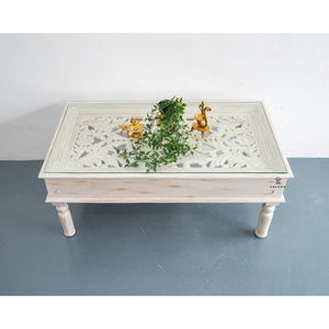 Lily _Solid Wooden Carved Coffee Table with Glass Top_120 cm