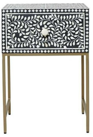 Jessi Bone Inlay Bed Side Table with Metal Stand