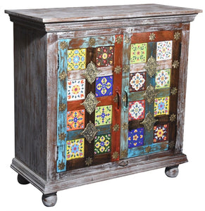 Jen_Solid Indian Wood Chest with Tile Doors_ 89 cm Length