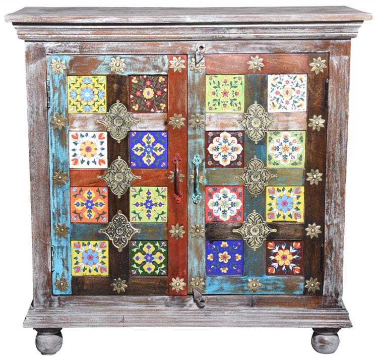 Jen_Solid Indian Wood Chest with Tile Doors_ 89 cm Length