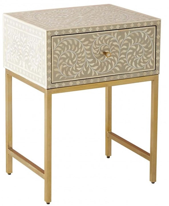 Ela Bone Inlay Bed Side Table with Metal Stand