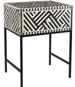 Willie Bone Inlay Bed Side Table with Metal Stand