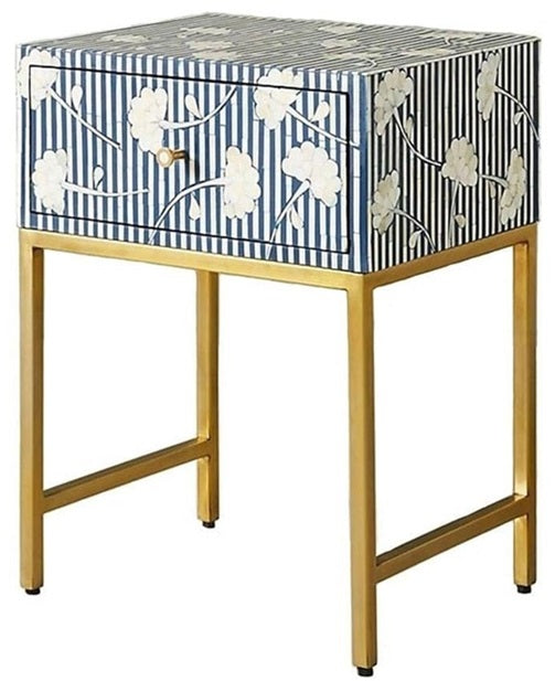 Jessi Bone Inlay Bed Side Table with Gold Metal Stand