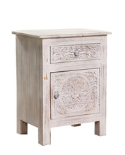 Load image into Gallery viewer, Diane Hand Carved Bed Side Table 1 Door and 1 Drawer

