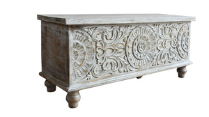 Pike White Hand Carved Indian Wood Trunk_Coffee Table_Storage Trunk_109 cm